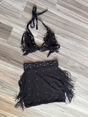 Fringe and rhinestone skirt and top set